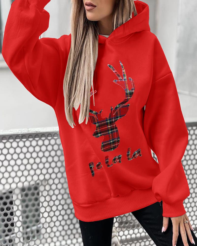 

Christmas Plaid Letter Deer Print Long Sleeve Hoodie, Red