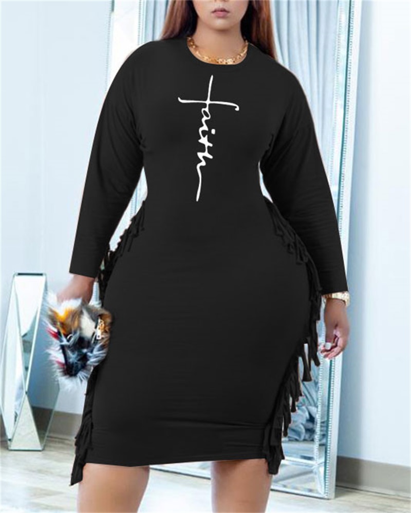 

Plus Size Letter Print Fringe Trim Long Sleeve Dress, Black