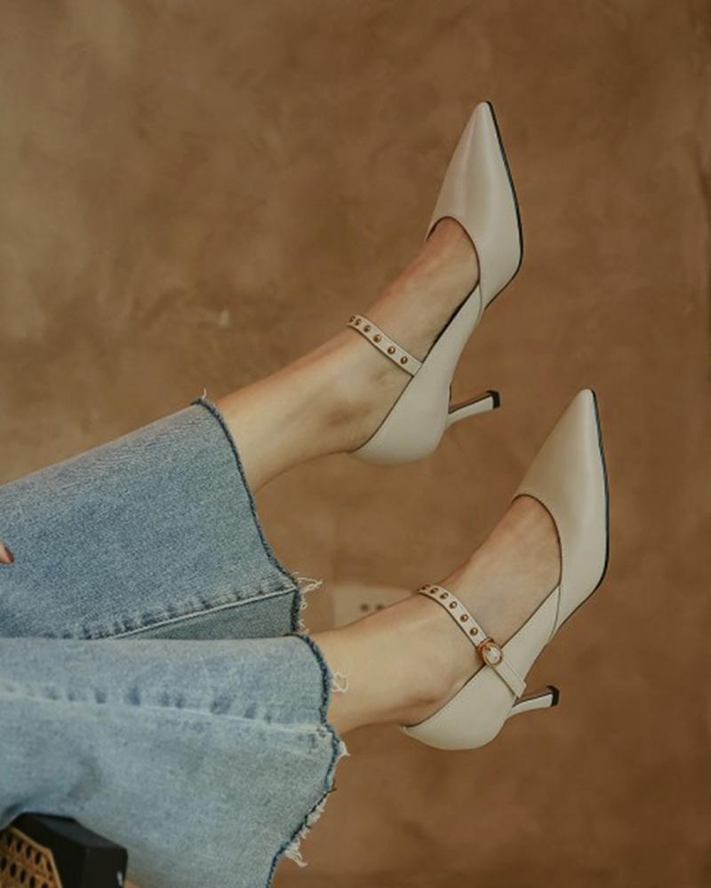 

Studded Strap Pointed Toe High Heels, Beige