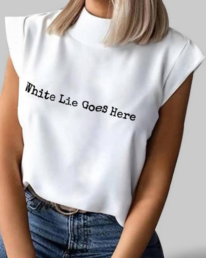 

Letter Print Cap Sleeve Casual Top, White