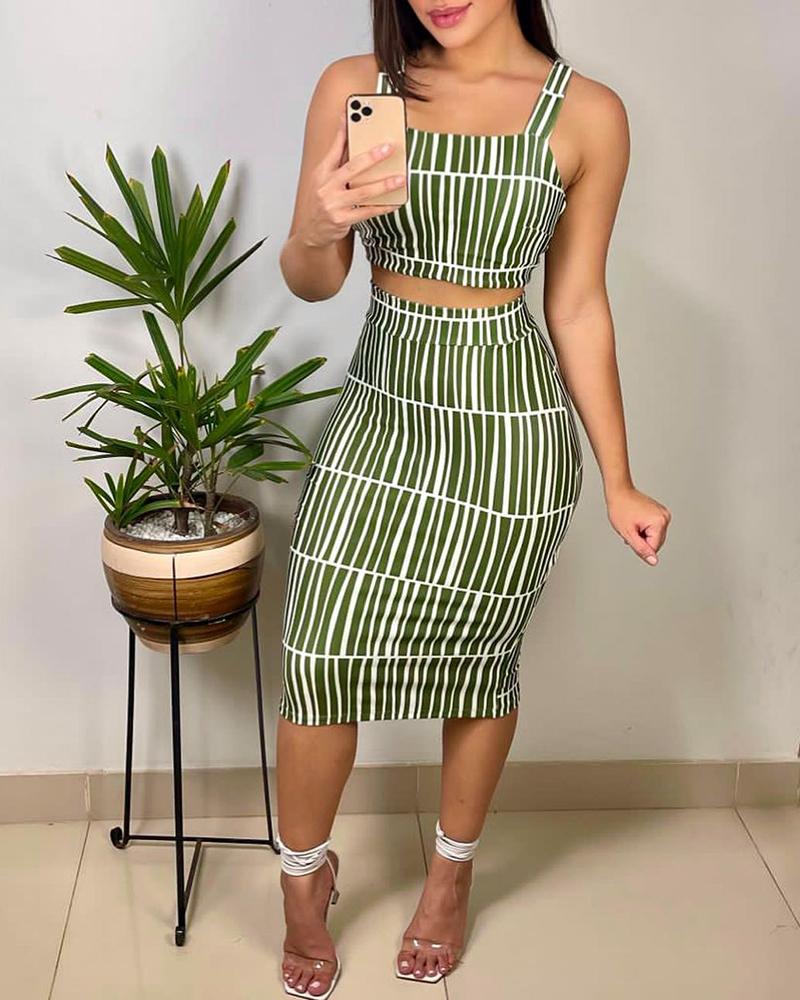

Striped Spaghetti Strap Crop Top & Skirt Set, Dark green