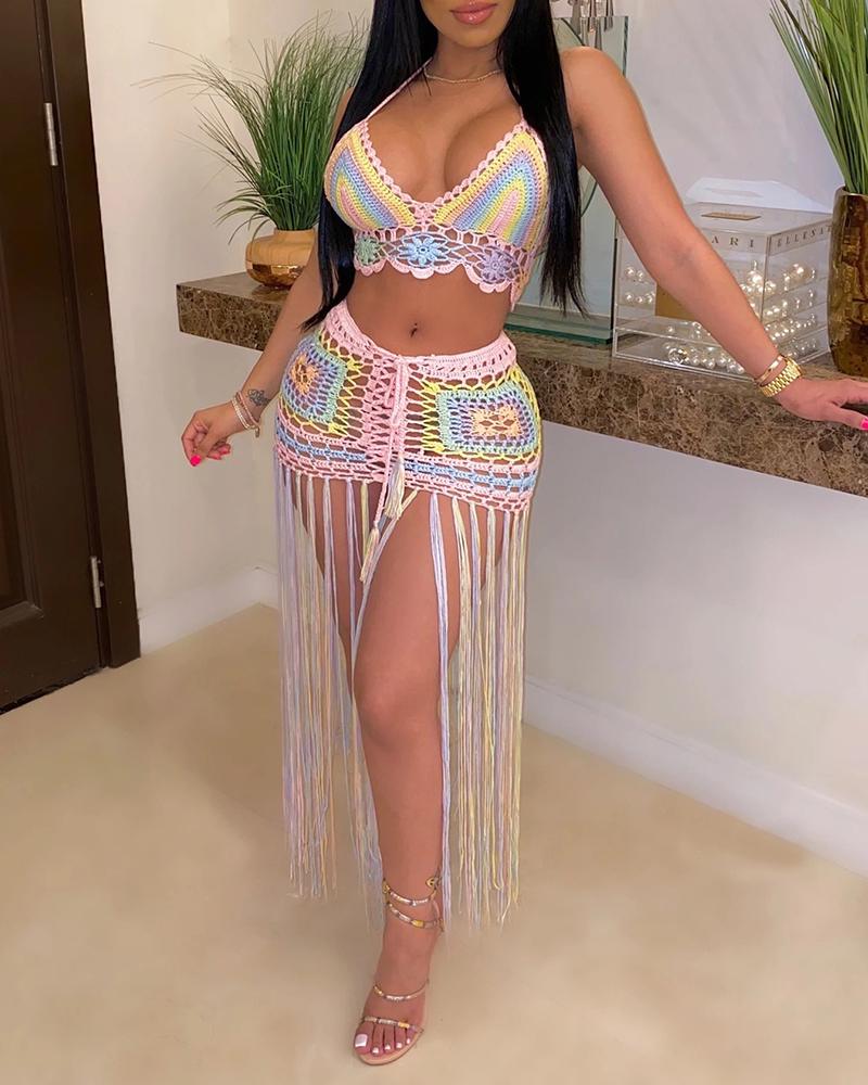 

Colorblock Knitted Tassel Bikini and Skirt Set, Pink