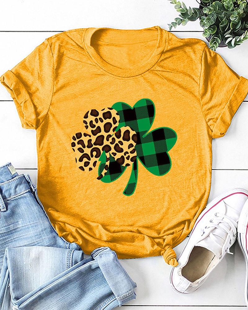

St.Patrick' Day Clover Print Short Sleeve T-Shirt, Yellow