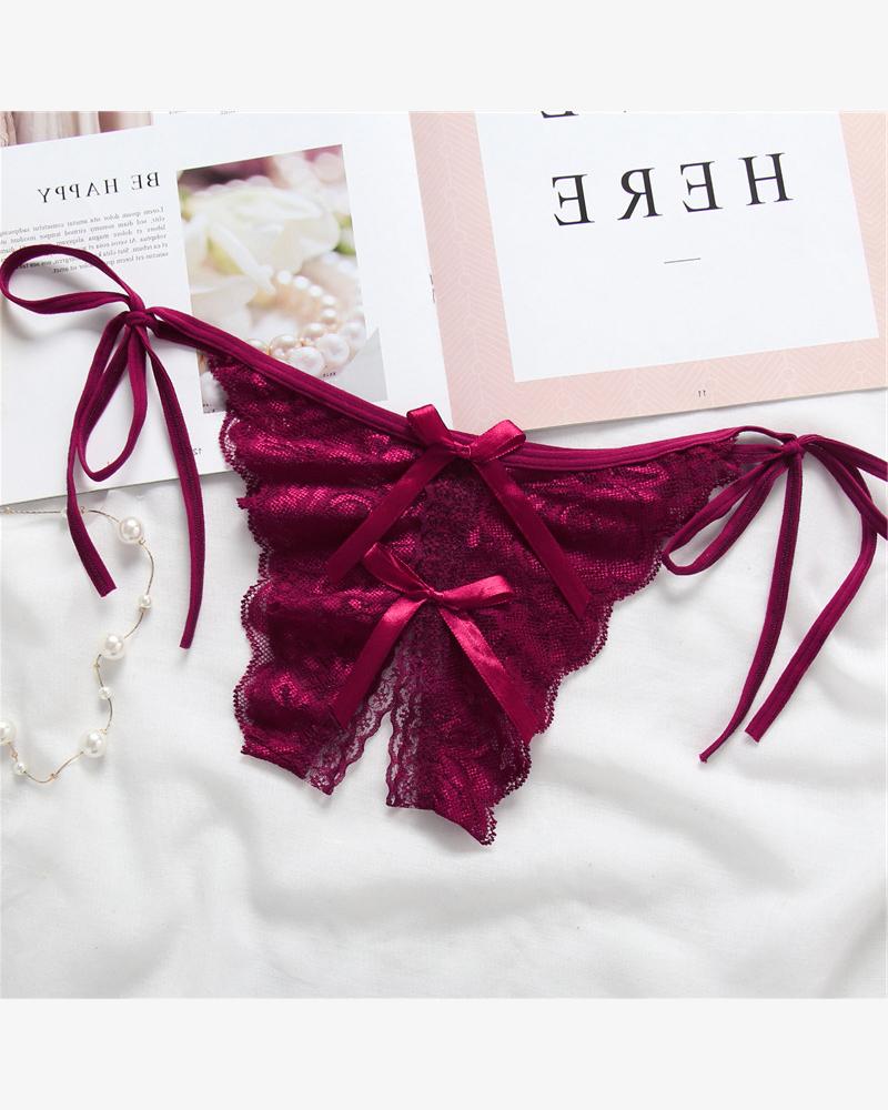 

Skinny Lace Lace-up Thong Panties, Wine red
