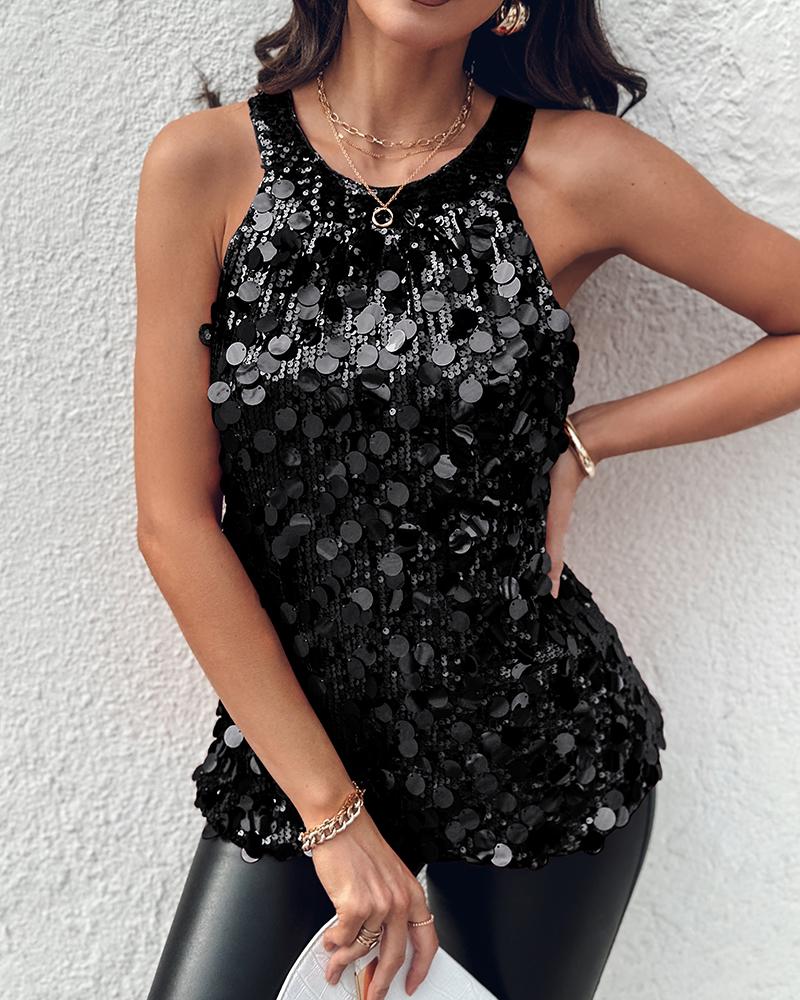 

Round Neck Sequin Sleeveless Tank Top Casual Slim Fit Party Clubwear, Black