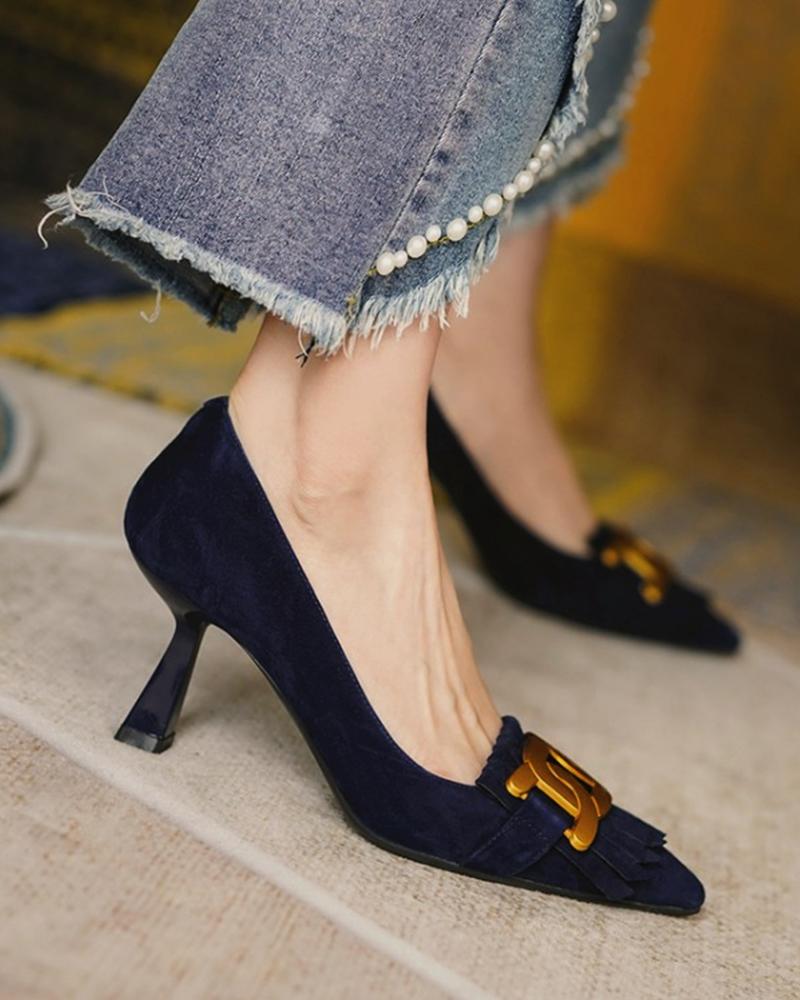 

Pointed Toe Metal Decor Suede Pyramid Heels, Dark blue