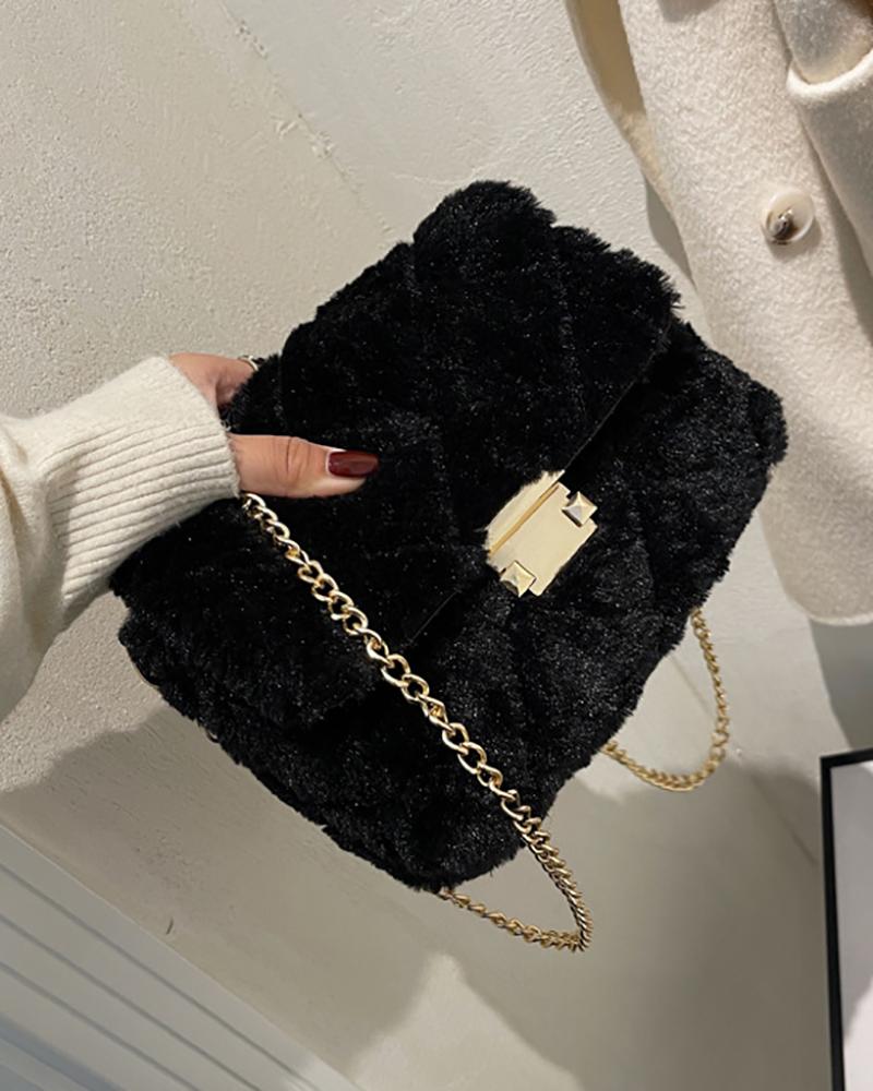 

Fuzzy Quilted Chain Shoulder Bag, Black