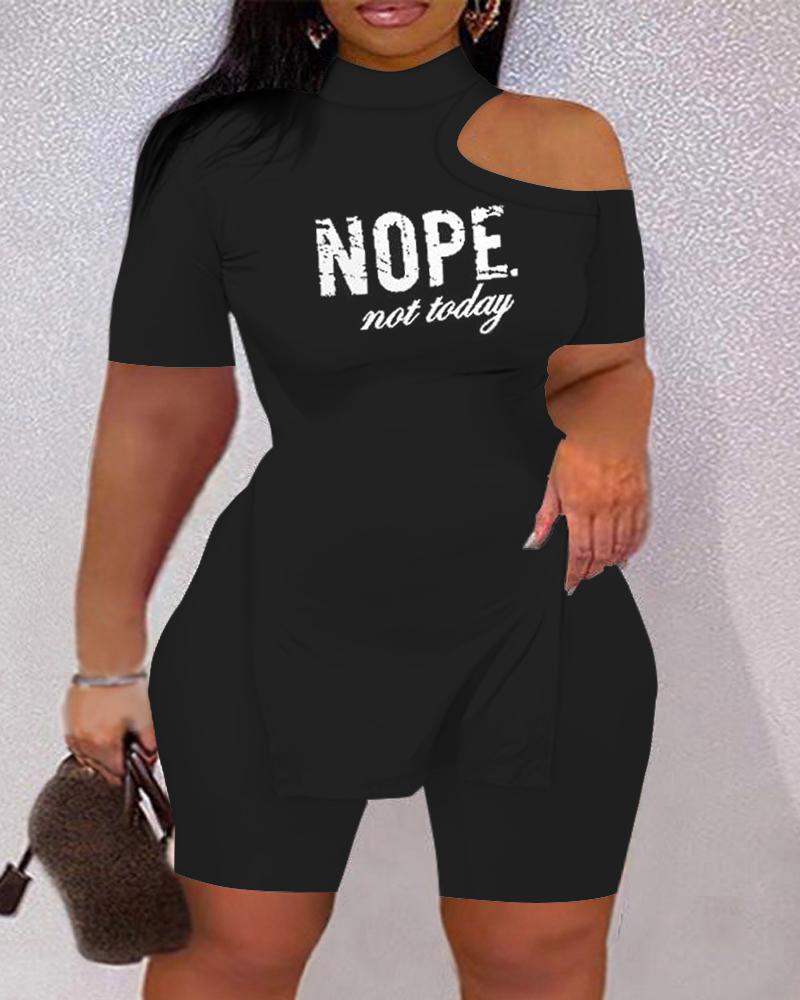 

Nope Not Today Print Cold Shoulder Top & Shorts Set, Black