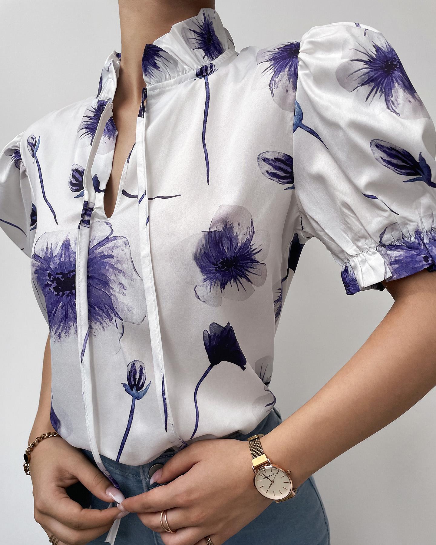 

Floral Print Frill Neck Puff Sleeve Blouse, Style1