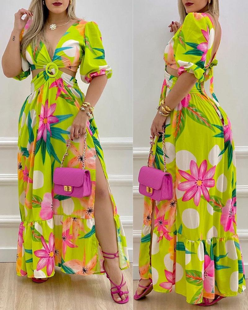 

Floral Print O-Ring Twisted Cutout Split Thigh Maxi Dress, Green