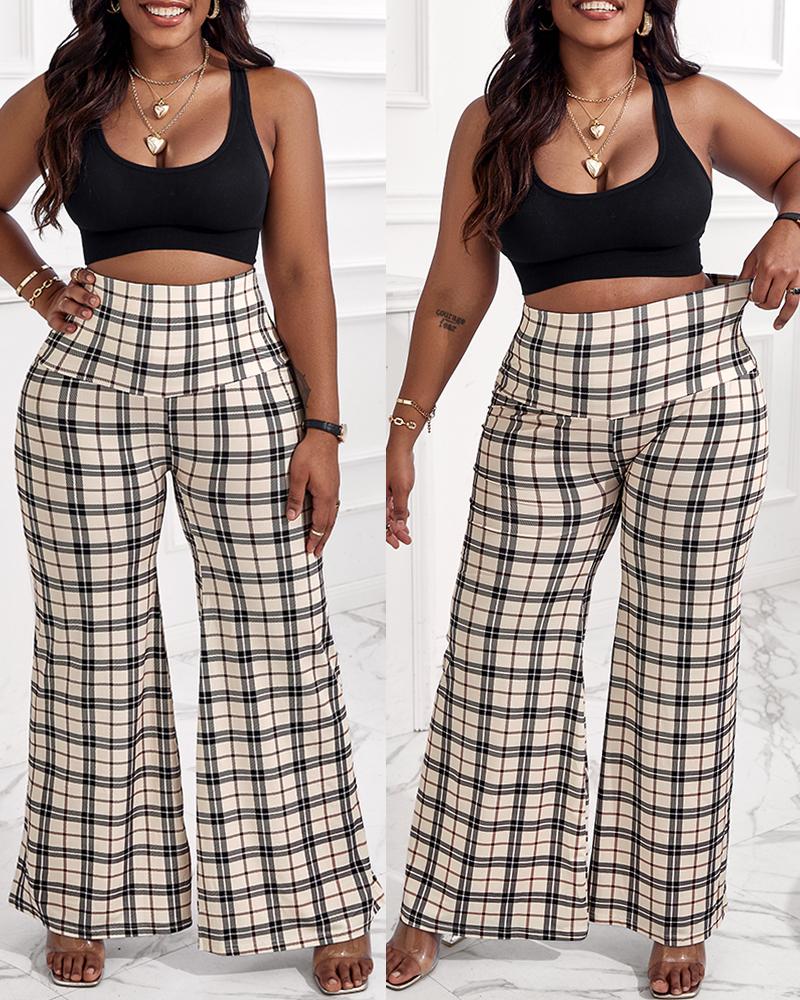 

High Waist Plaid Print Wide Leg Pants, Khaki