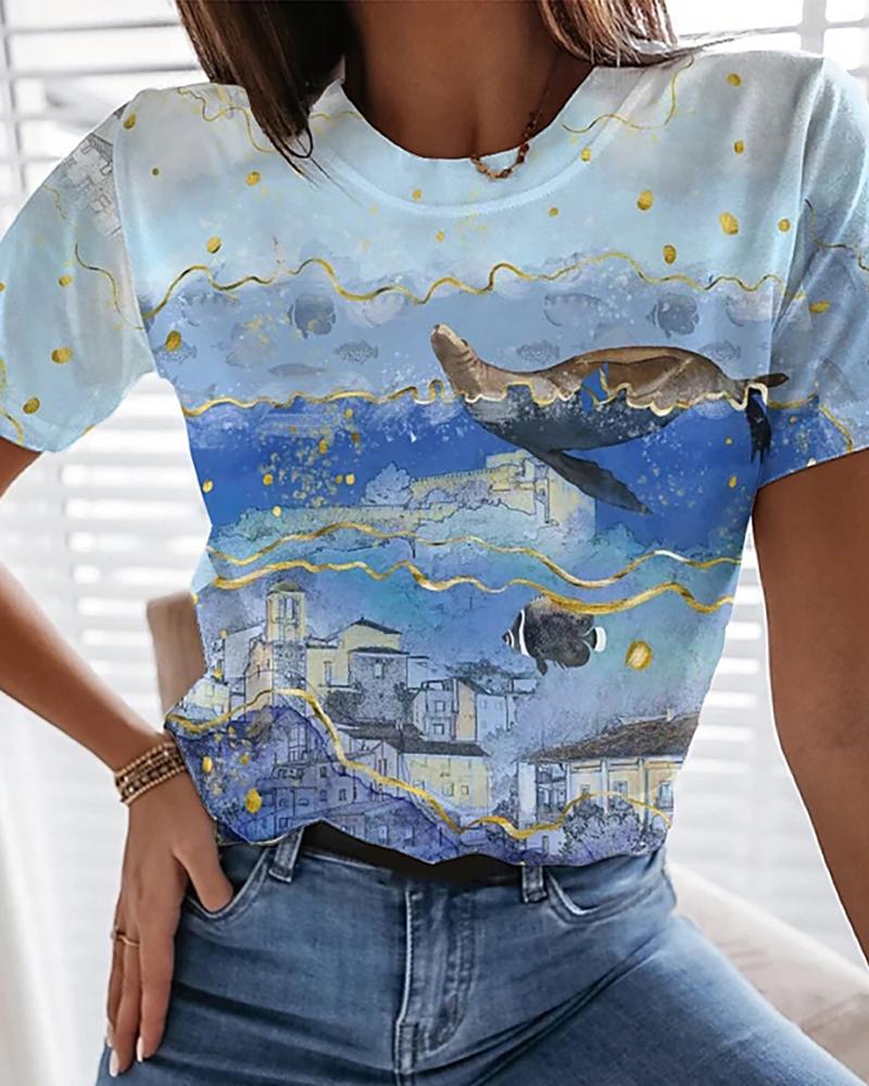 

Round Neck Tops Graphic Print Basic T-shirt, Blue