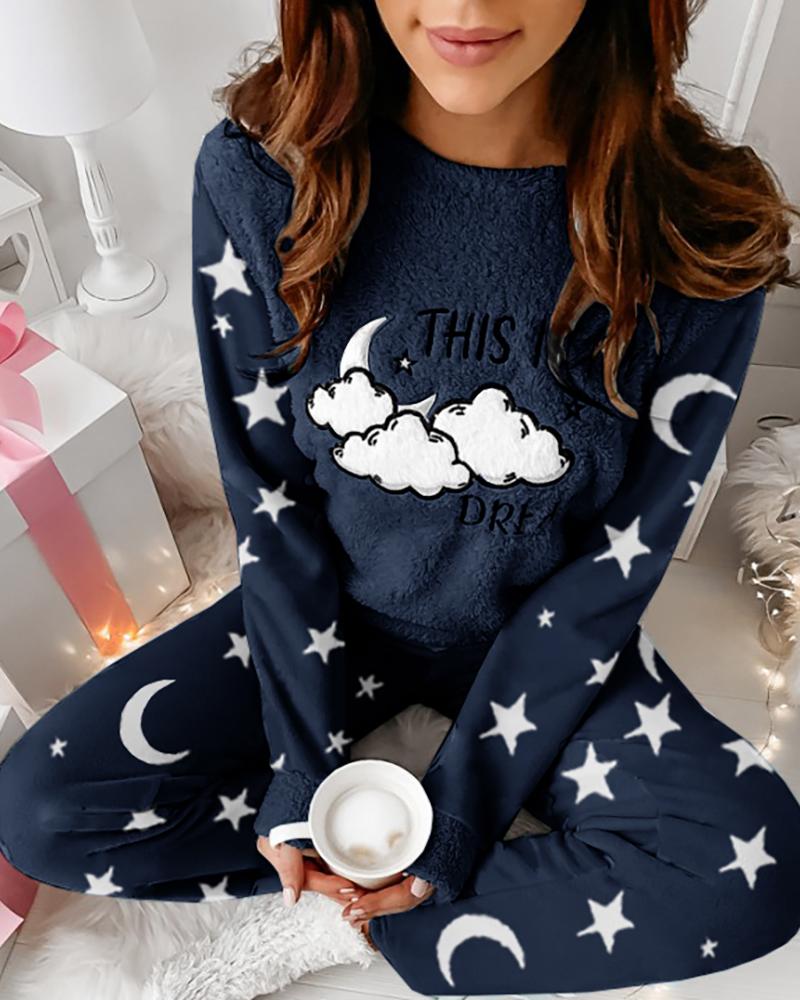 

Star Moon Print Fluffy Long Sleeve Pajamas Sets, Purplish blue