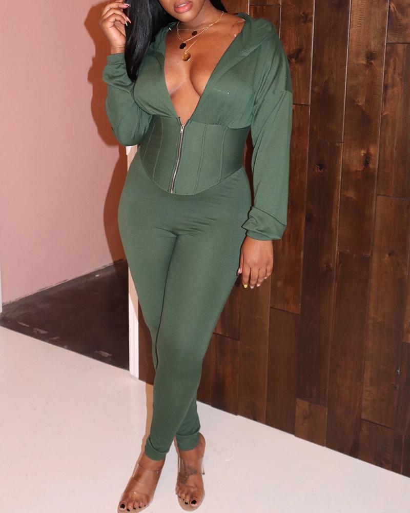 

Zipper Design Hooded Top & High Waist Pants Set, Green