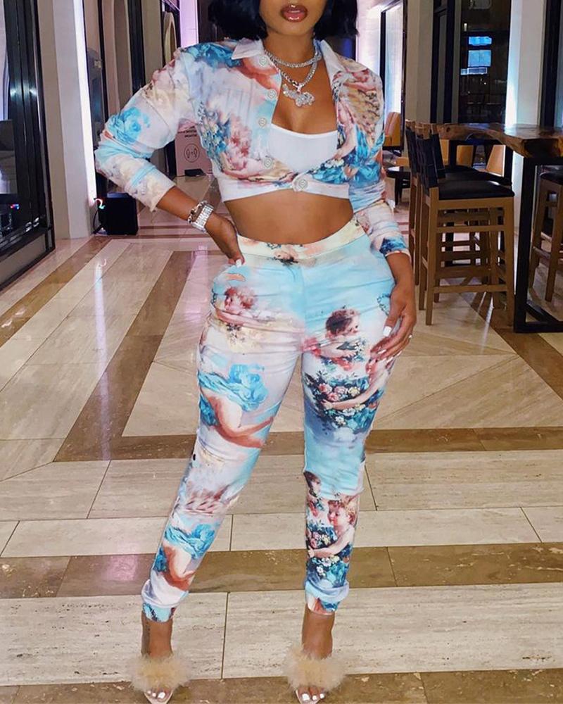 

Graphic Print Buttoned Crop Top & Pants Set, Blue