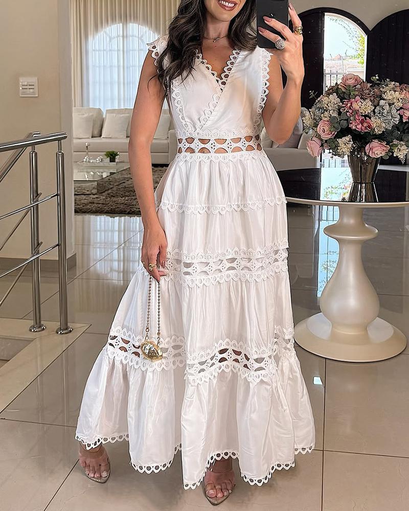 

Lace Trim V Neck Hollow-out Sleeveless Dress Casual Waist A Line Flared Maxi Dress, White