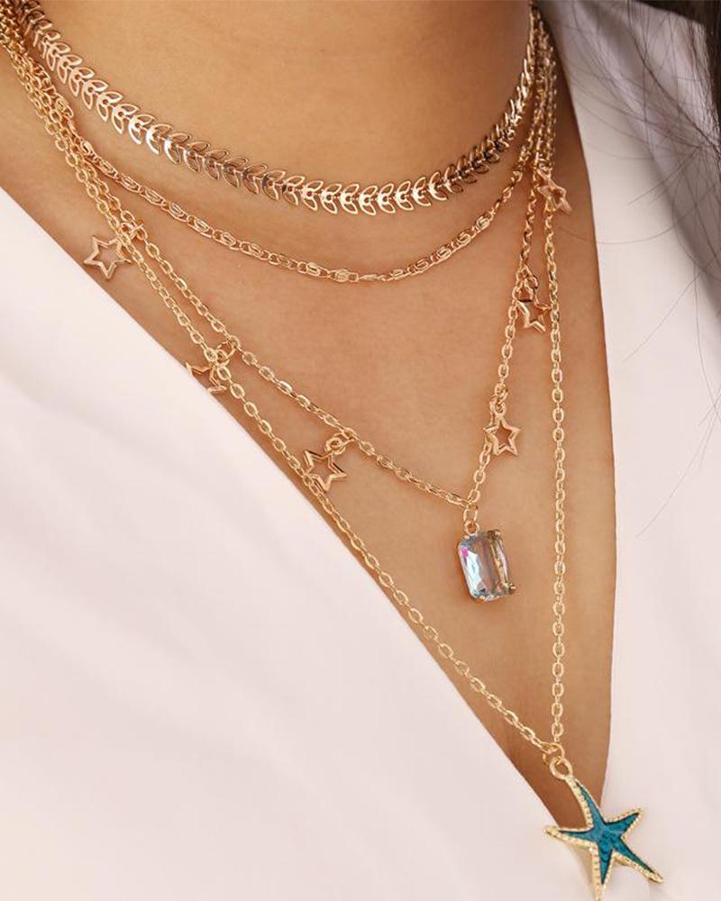 

Zircon Five-pointed Star Multi-layer Necklace, Gold