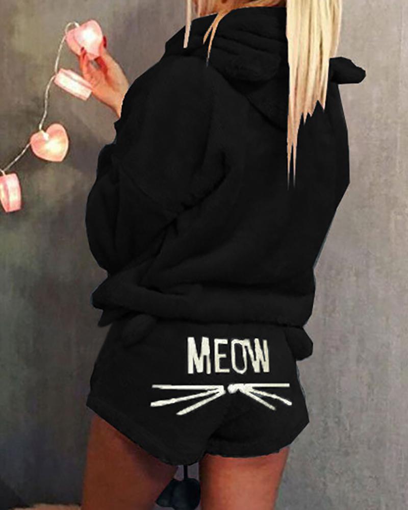 

Fluffy Hooded Coat & Short Sets, Black