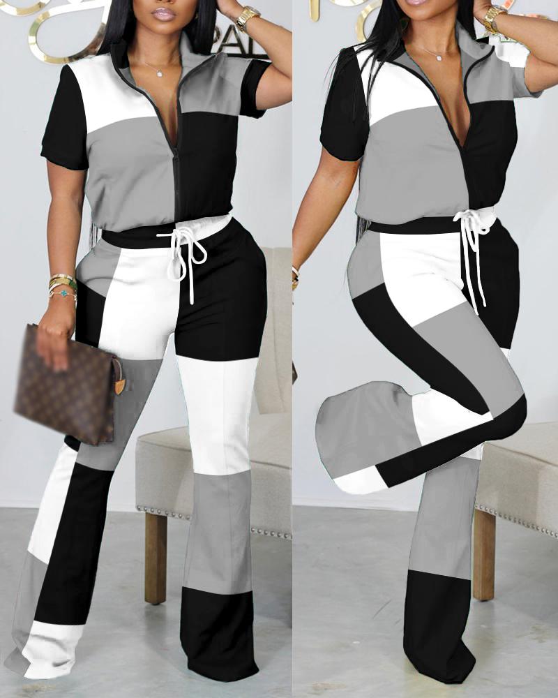 

Geometric Print Zip Up Top & Drawstring Pants Set, Blackwhite