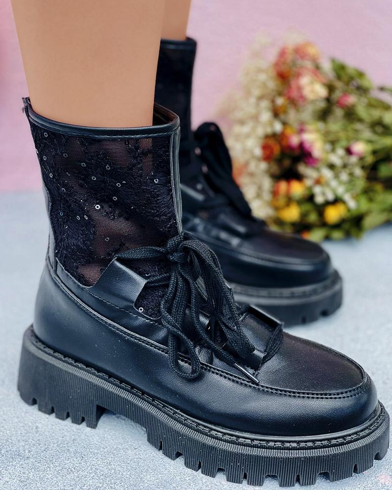 

Lace-up Front Crochet Lace Combat Boots, Black