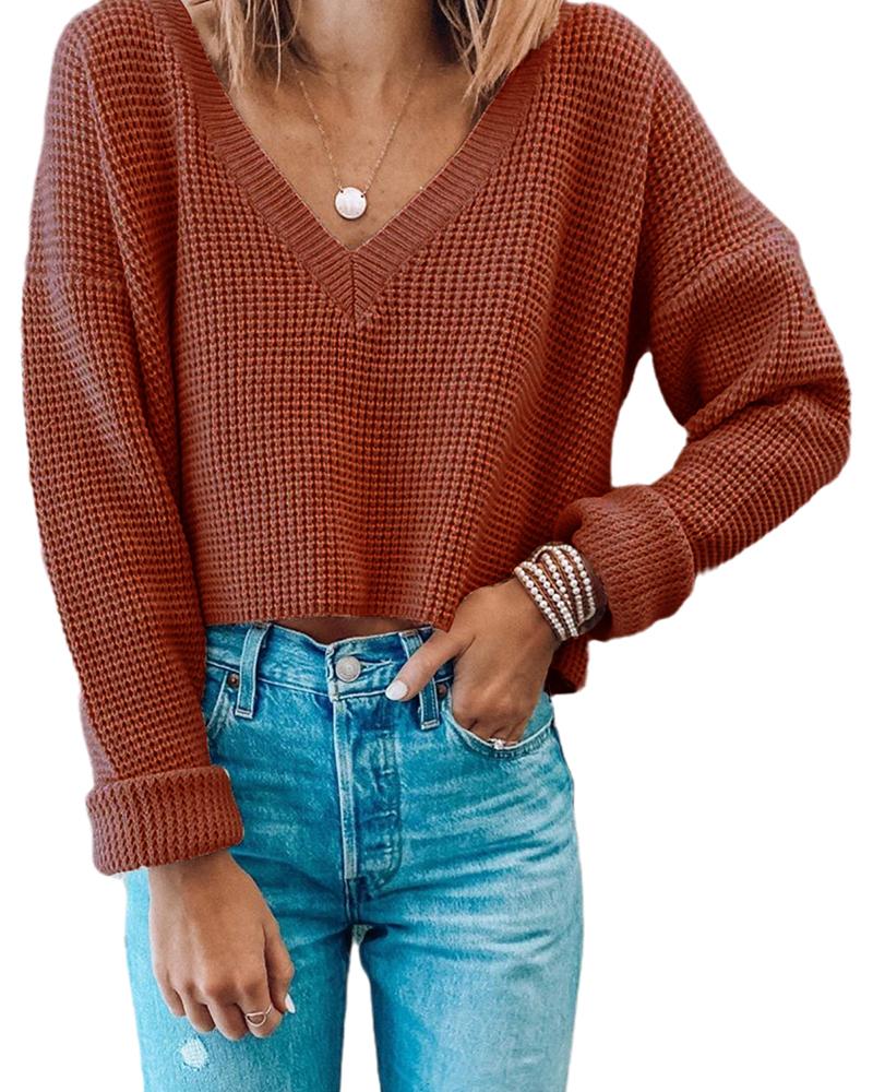 

Solid Comfy V-neck Basic Knit, Brown