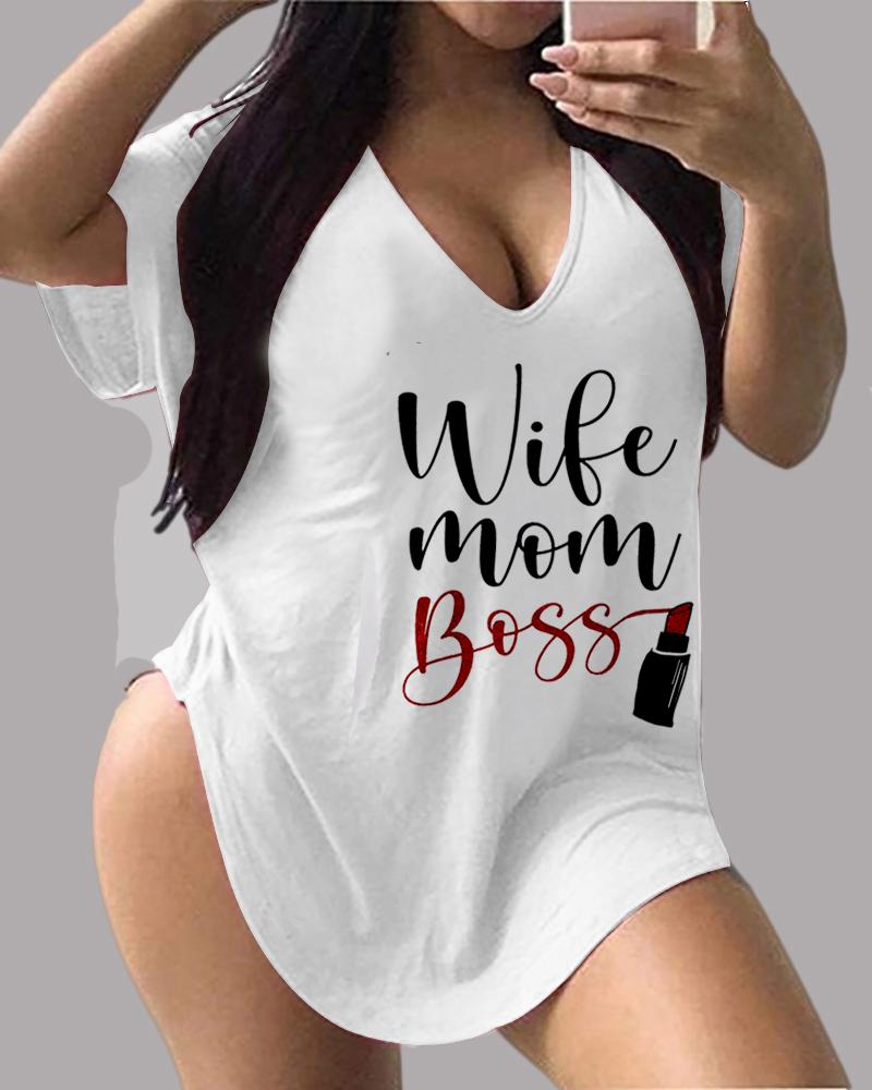 

Mother' Day Gift V Neck Letter Print Short Sleeve T-shirt, White