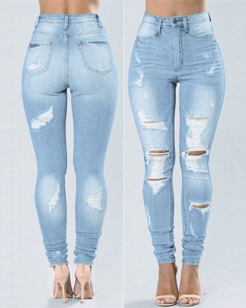 

Zipper Fly Ripped High Waist Skinny Jeans, Lighted blue