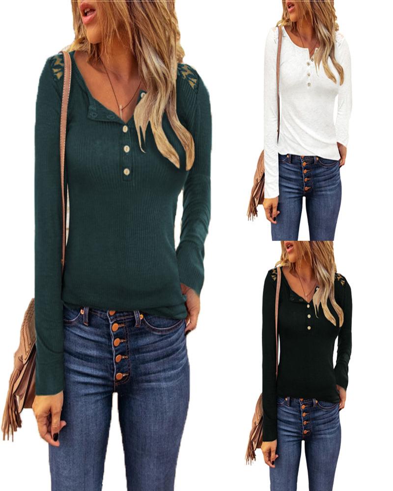 

Long Sleeve Lace Patch Button Front Top, Green