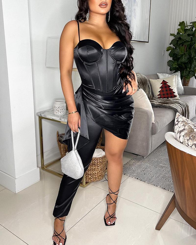 

Spaghetti Strap Ruched Corset Asymmetrical Jumpsuit, Black