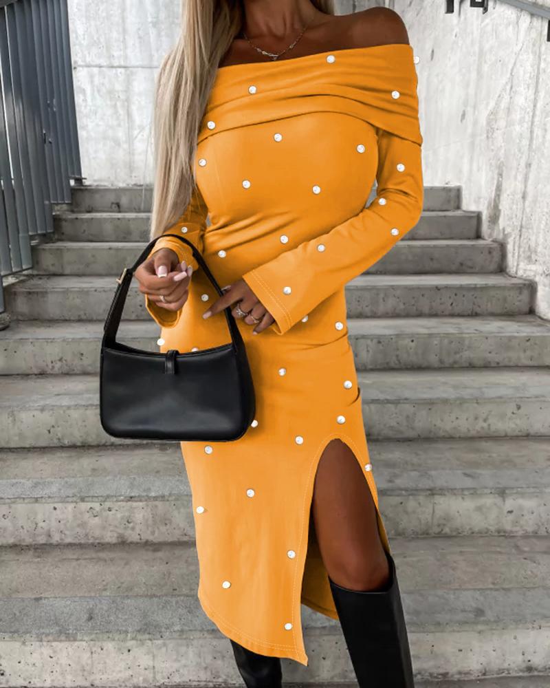 

Studded Off Shoulder Slit Midi Dress, Yellow