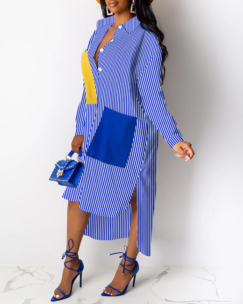 

Striped Patchwork Pocket Dip Hem Shirt Dress, Blue