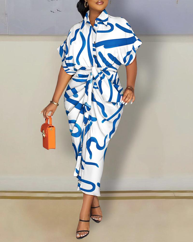 

Allover Print Ruched Button Down Shirt Dress, Blue