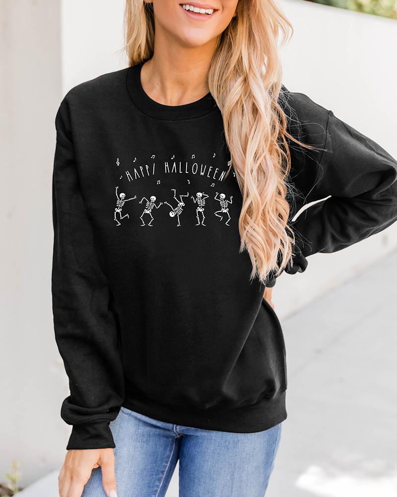 

Halloween Letter Skull Skeleton Print O Neck Sweatshirt, Black
