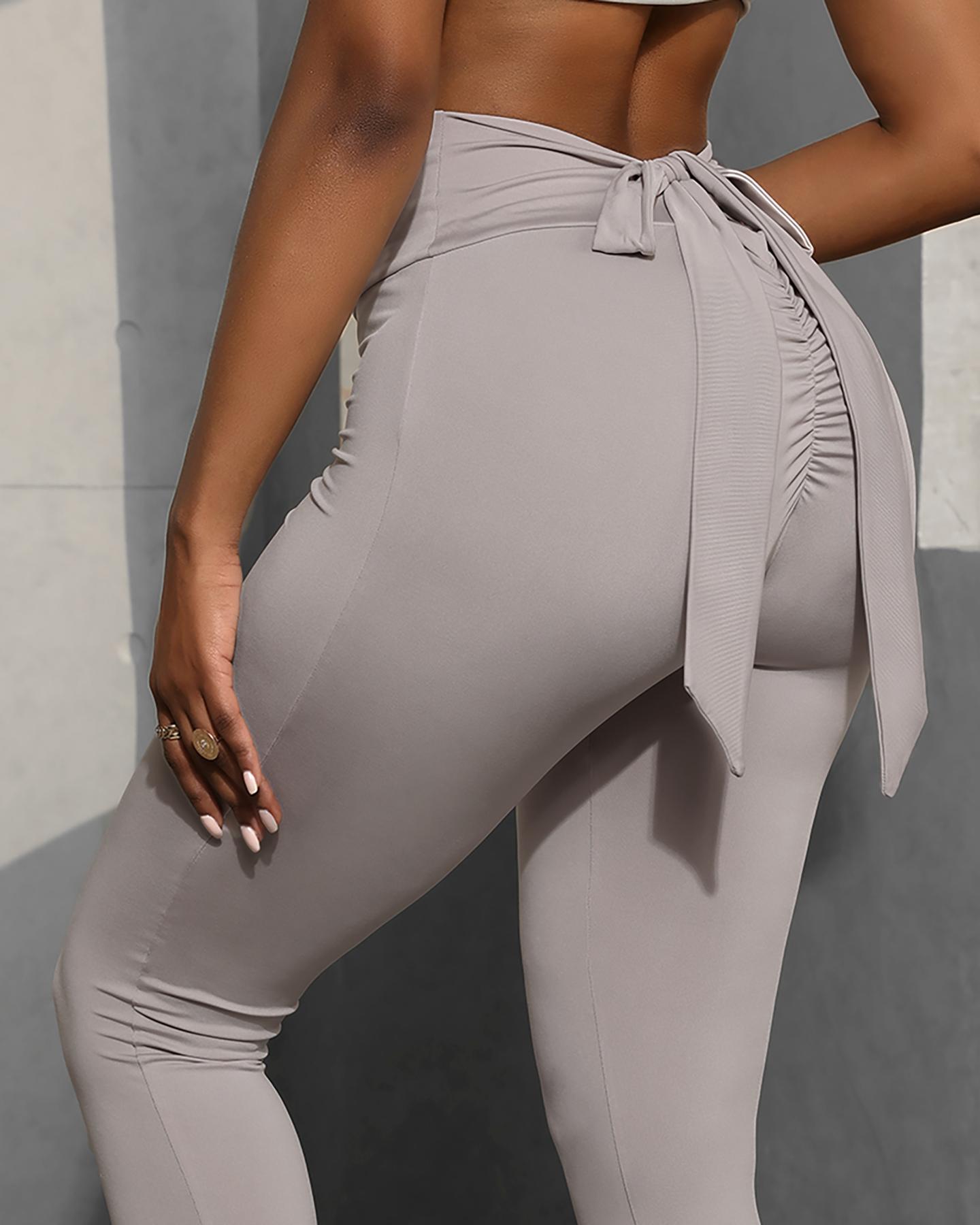 

High Waist Bowknot Design Ruched Leggings, Gray