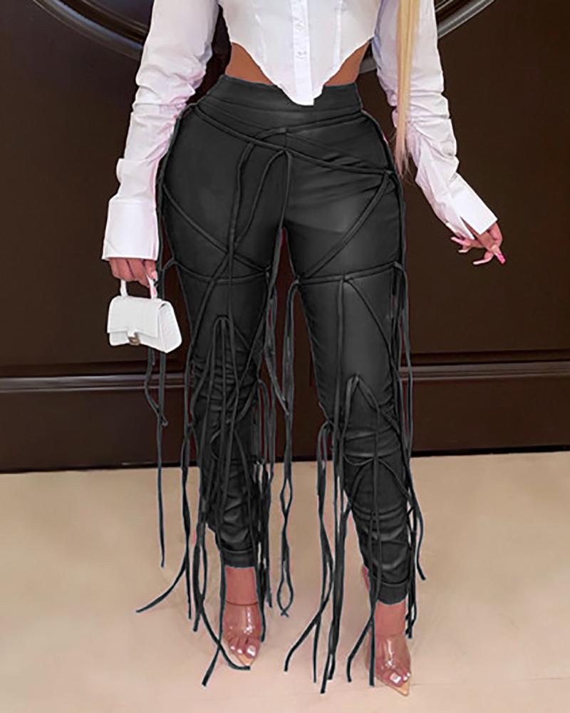 

PU Leather Strap Decor High Waist Skinny Pants, Black