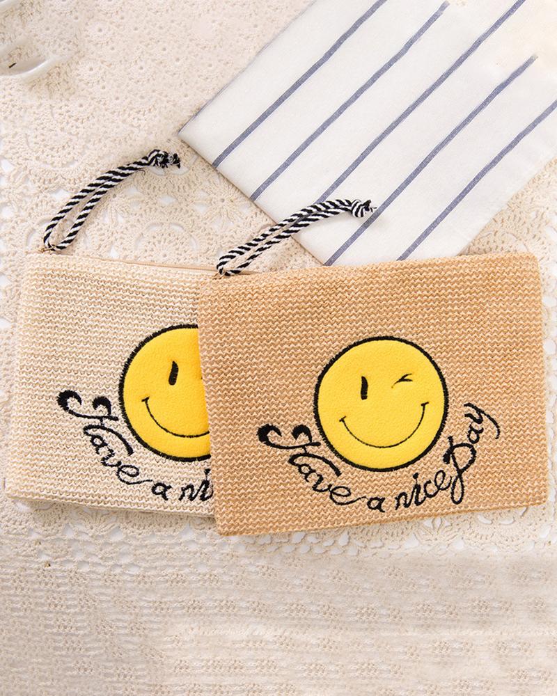

Smile Letter Pattern Zipper Design Braided Clutch Beach Bag, Khaki