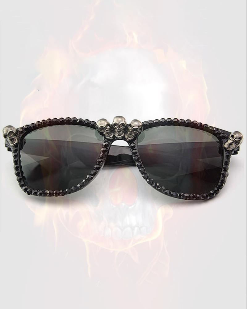 

1Pair Halloween Skull Rhinestone Decor Square Party Sunglasses, Black
