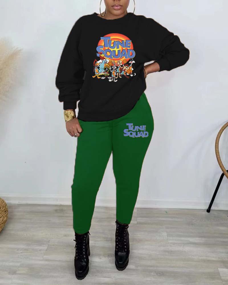 

Plus Size Graphic Letter Print Casual Top & Pants Set, Green