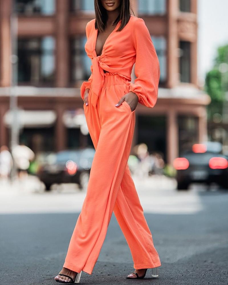 

Lantern Sleeve Ruched Tied Detail Top & Pants Set, Orange