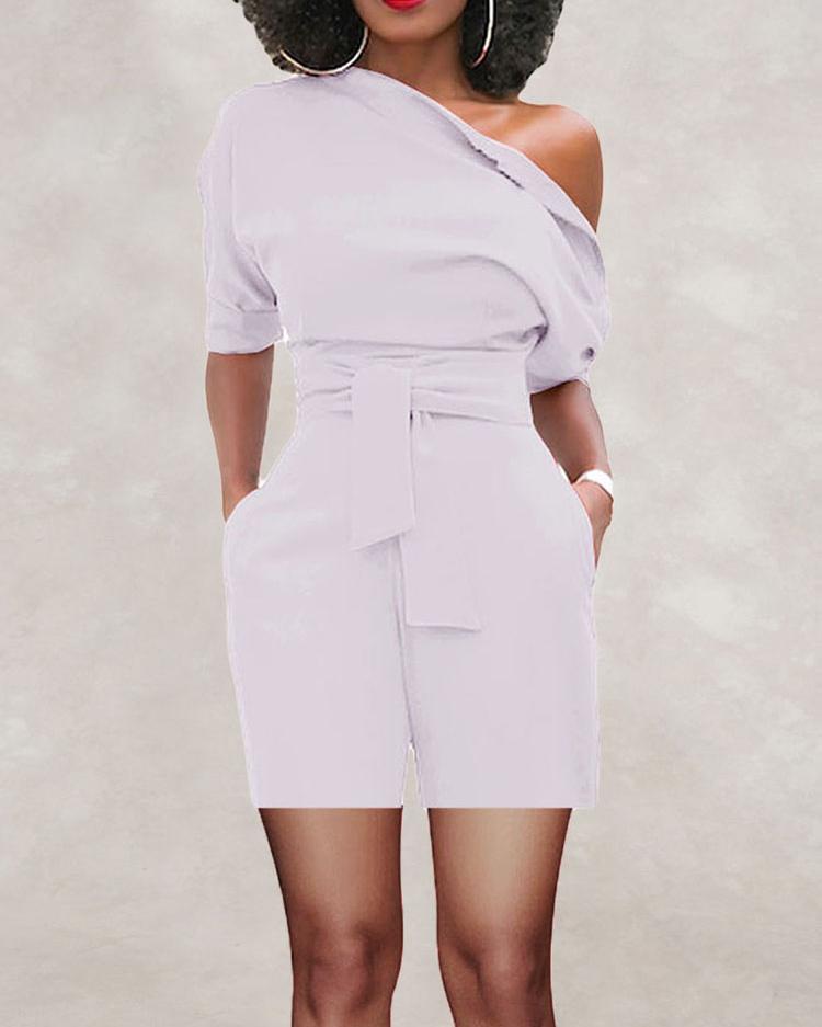 

Skew Neck Batwing Sleeve Belted Playsuit, White