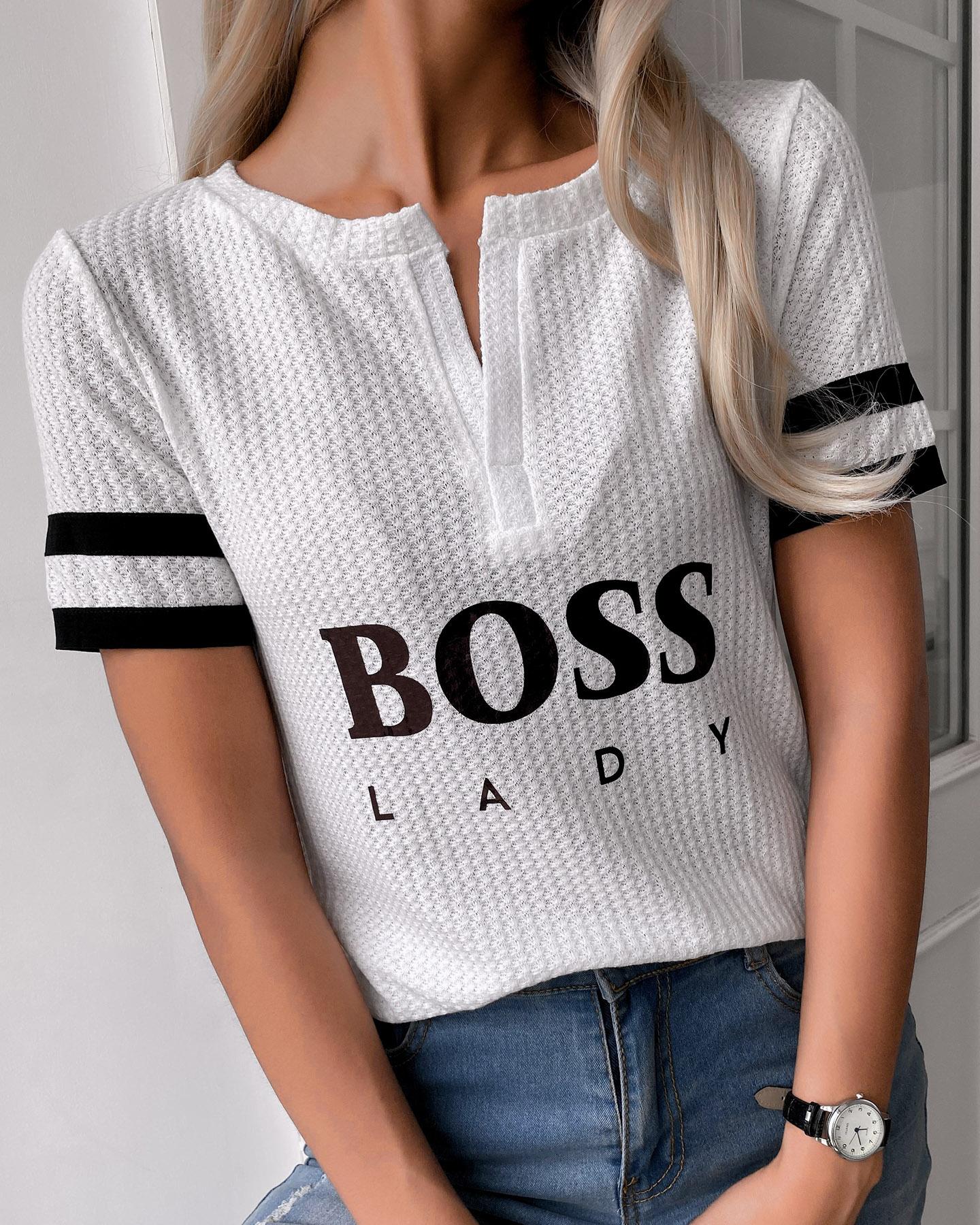 

Striped Colorblock Letter Print Top, White