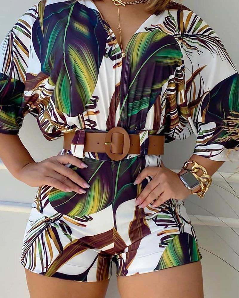 

Tropical Print V-Neck Top & Shorts Set, Green