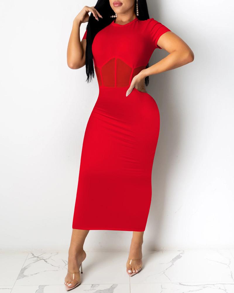 

Sheer Mesh Short Sleeve Maxi Dress, Red
