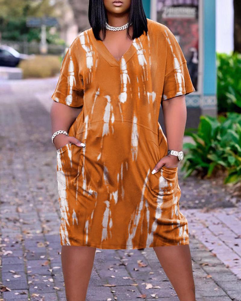 

Plus Size Tie Dye Print Pocket Detail Casual Dress, Orange