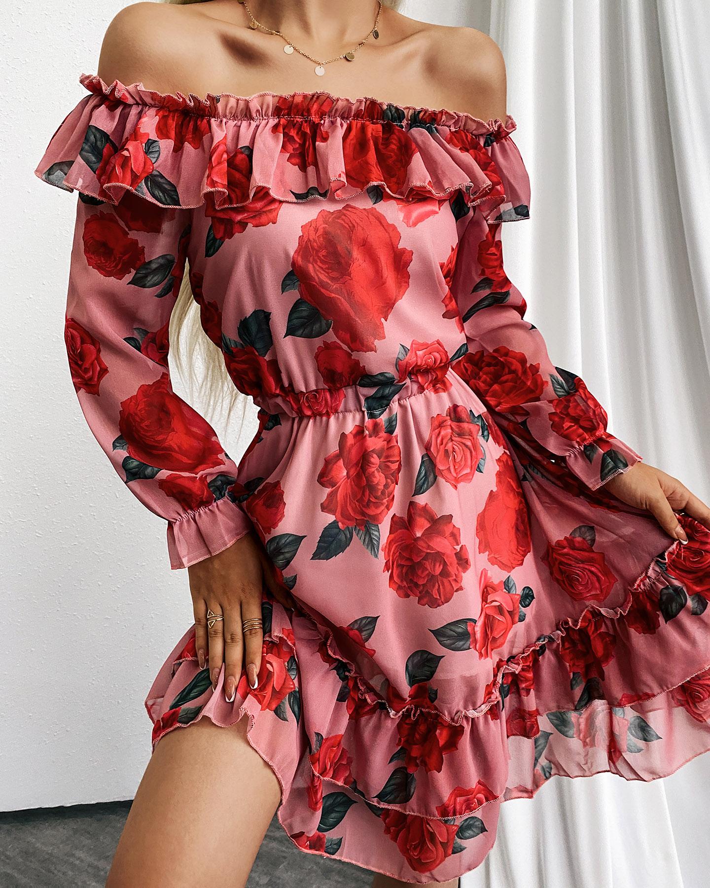 

Floral / Heart Print Off Shoulder Layered Ruffles Dress, Style1