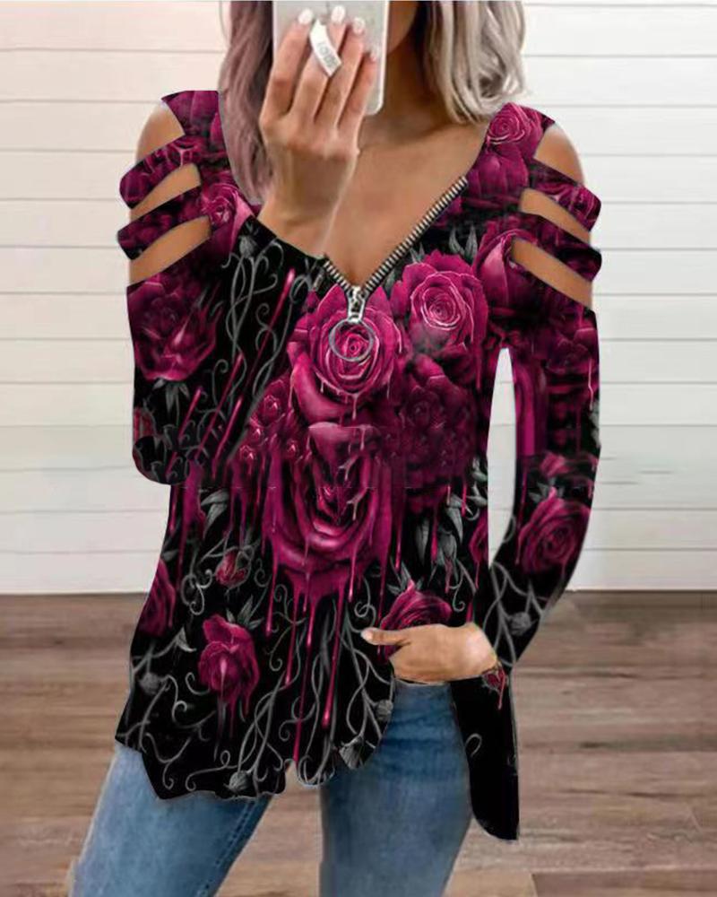 

Floral Print Zipper V-Neck Cutout Top, Hot pink