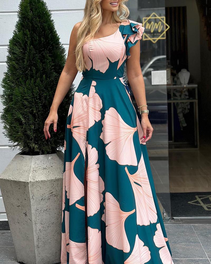 

Leaf Print Wide Leg Bootcut Jumpsuit, Green