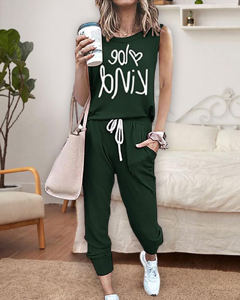 

Letter Print Tank Top & Drawstring Pants Set, Dark green