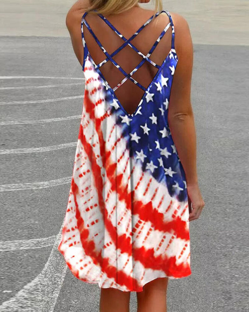 

Independence Day Flag Print Crisscross Backless Casual Dress, Multicolor