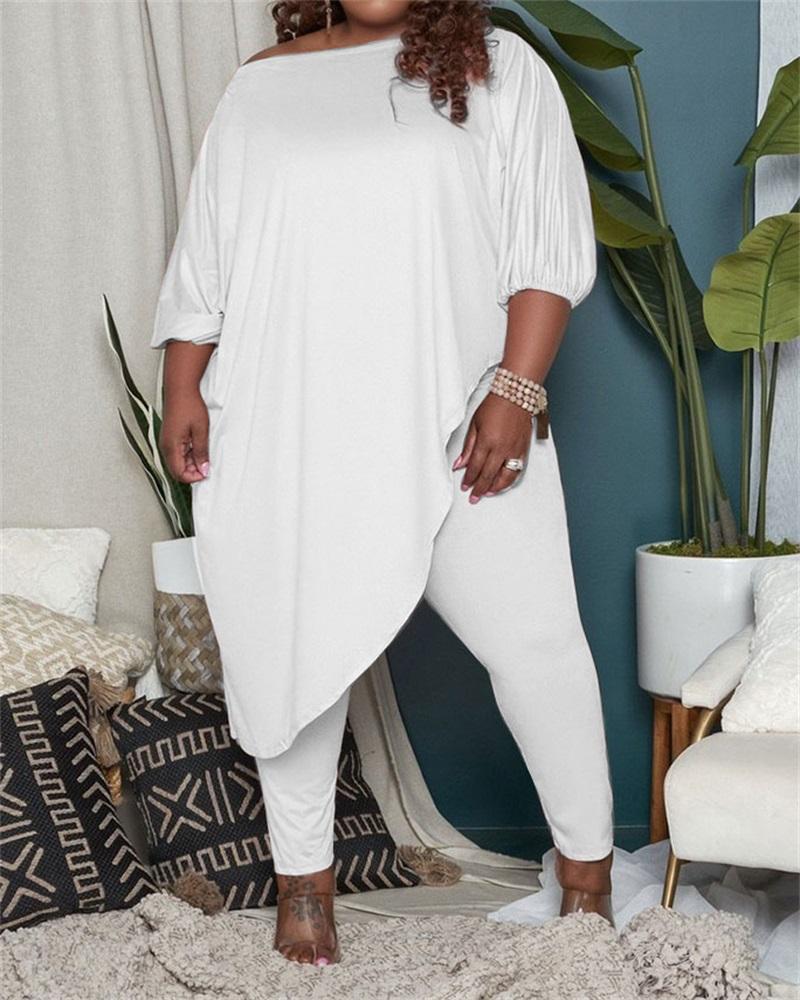 

Plus Size Asymmetrical Top & Pants Set, White